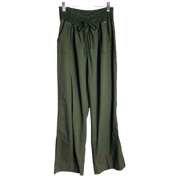 Cavalini Linen Blend Boho Pants Womens L Green Wide Leg Elastic Waist Pull On - Picture 1 of 7